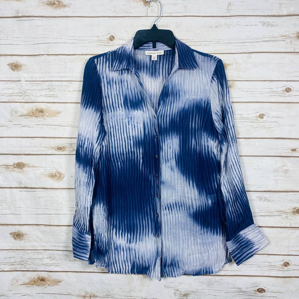 Coldwater Creek Women Button Down Shirt Tie Dye‎ Rayon Linen Blue Size PM